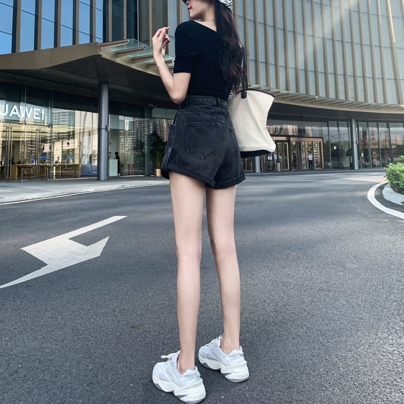 レディースジーンズパンツ ガーリーフレアハイウエストショートパンツ