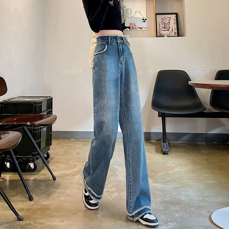 レディース ジーンズ 裾切りっぱなしストレートジーンズ