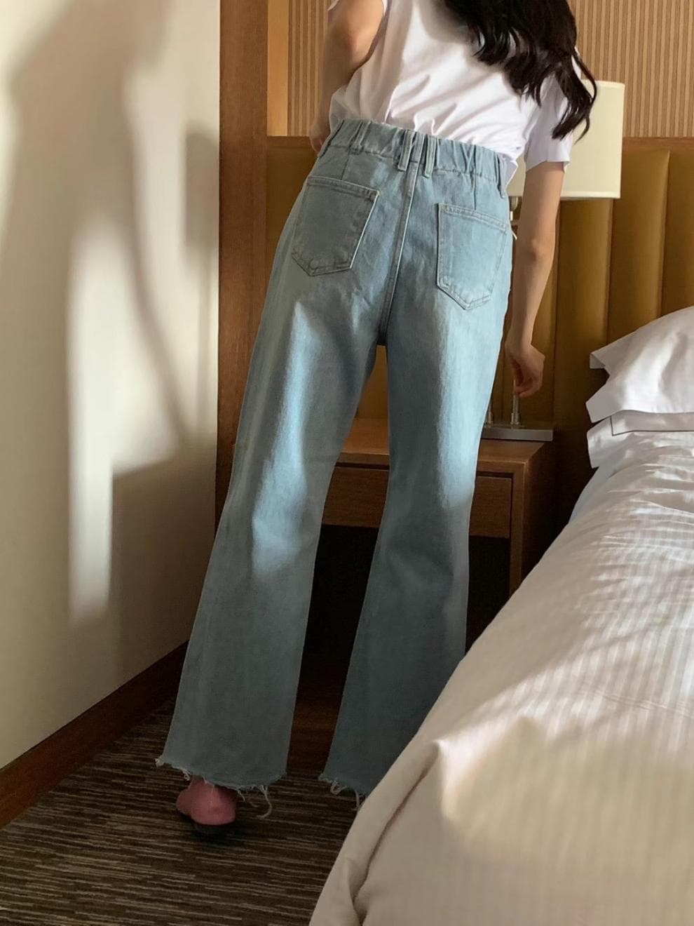 レディース ジーンズ ハイウエストゆったりストレートデニム