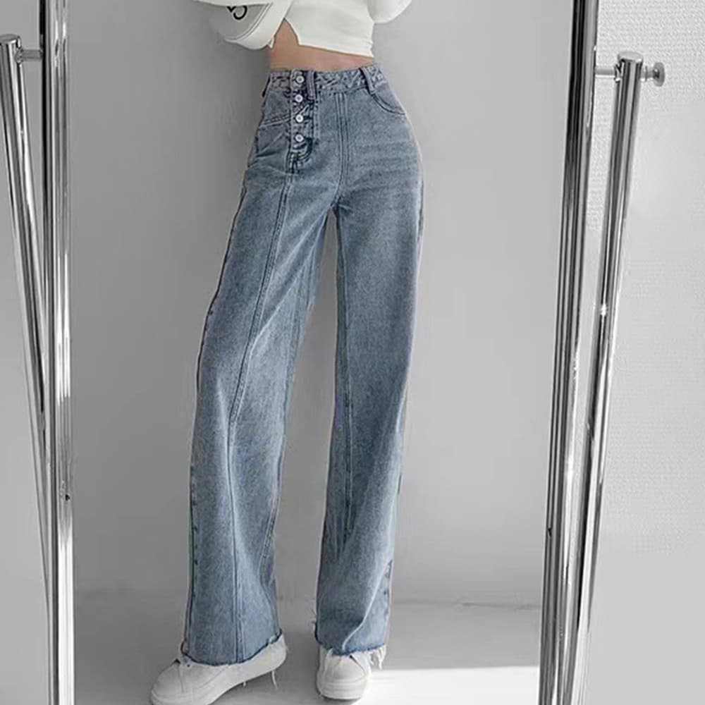 レディース ジーンズ ハイウエスト 美脚ストレートデニム 四連ボタン