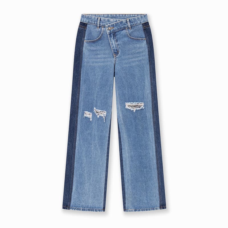 レディースジーンズパンツ ダメージ加工ストレートデニム