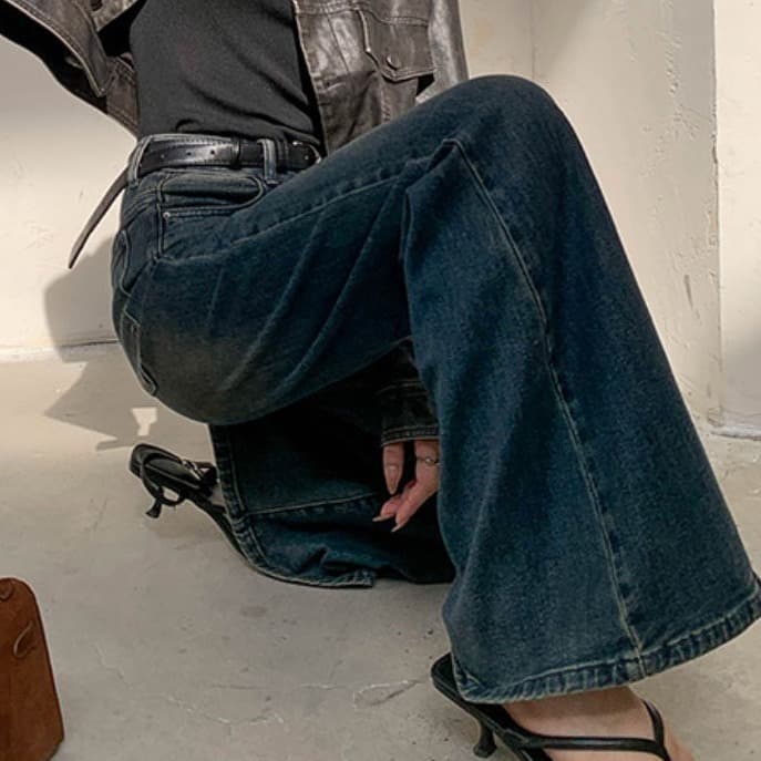 レディースジーンズパンツ ゆったりフレアデニム美脚パンツ