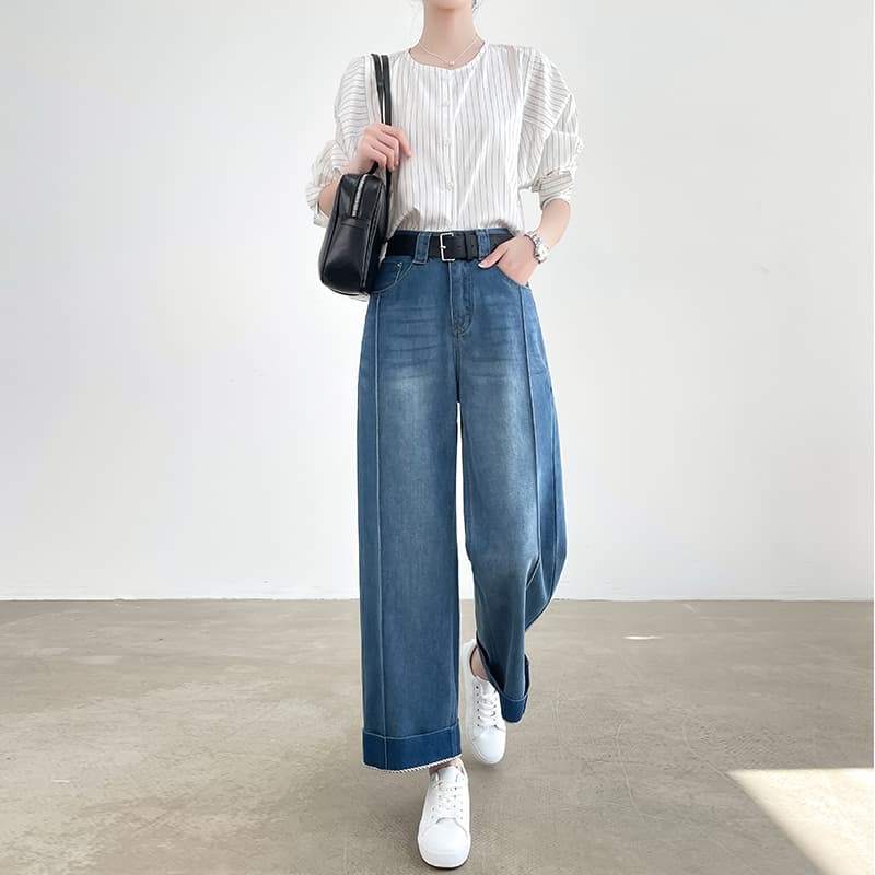 レディース ジーンズ 裾折り返しデザインゆったりワイドデニムパンツ
