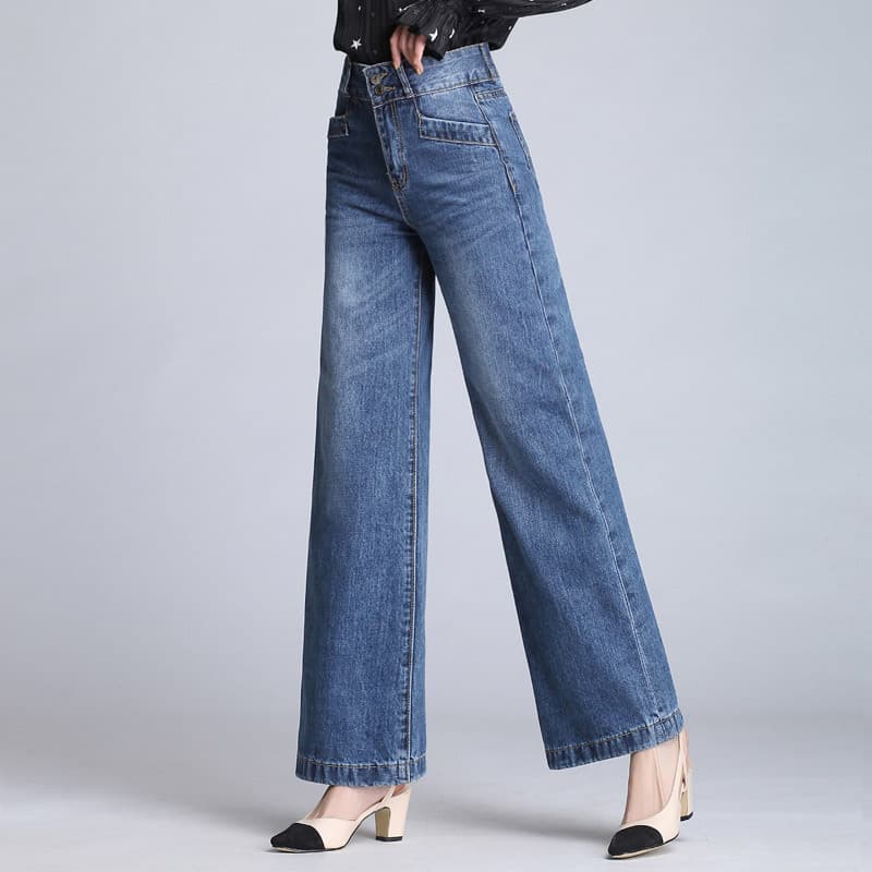 レディースジーンズパンツ すっきりシルエットワイドデニム