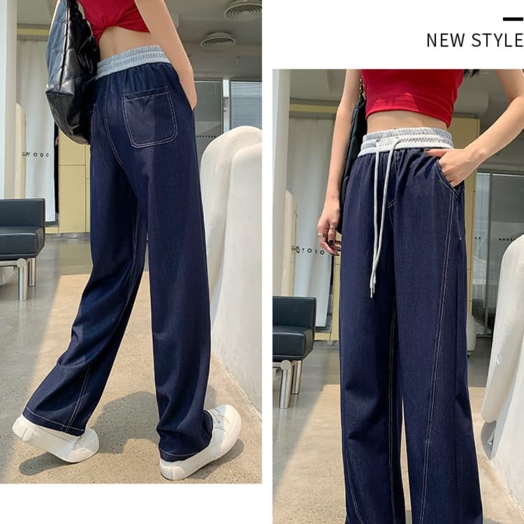 レディースジーンズパンツ ドロスト紐付きゆったりデニムパンツ
