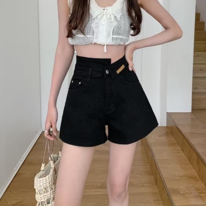レディースジーンズパンツ フェミニンカラー ハイウエストデニムショートパンツ