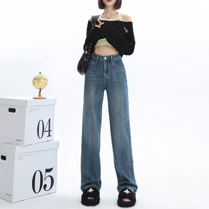 レディースジーンズパンツ ハイウエストストレートデニムパンツ