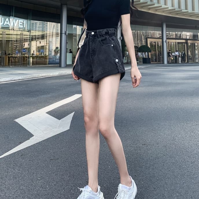 レディースジーンズパンツ ガーリーフレアハイウエストショートパンツ