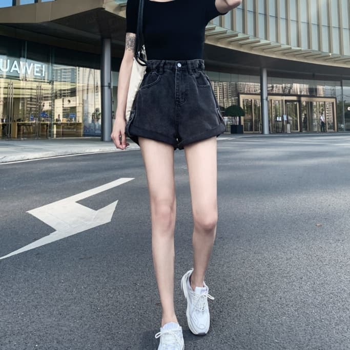 レディースジーンズパンツ ガーリーフレアハイウエストショートパンツ