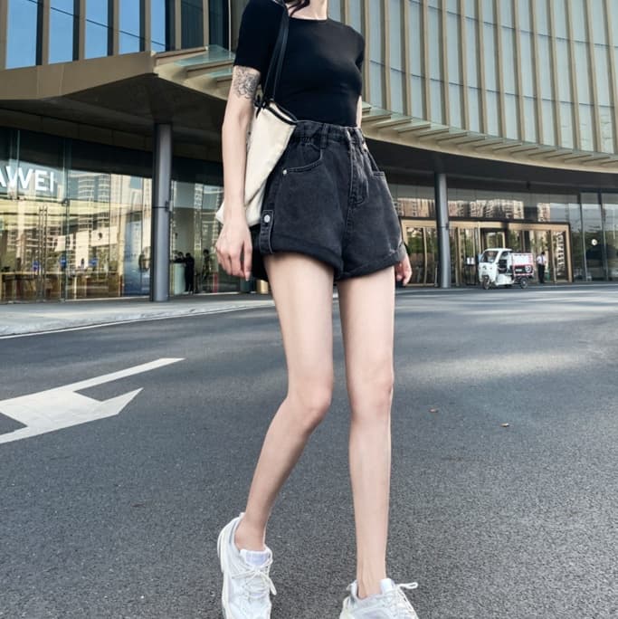 レディースジーンズパンツ ガーリーフレアハイウエストショートパンツ