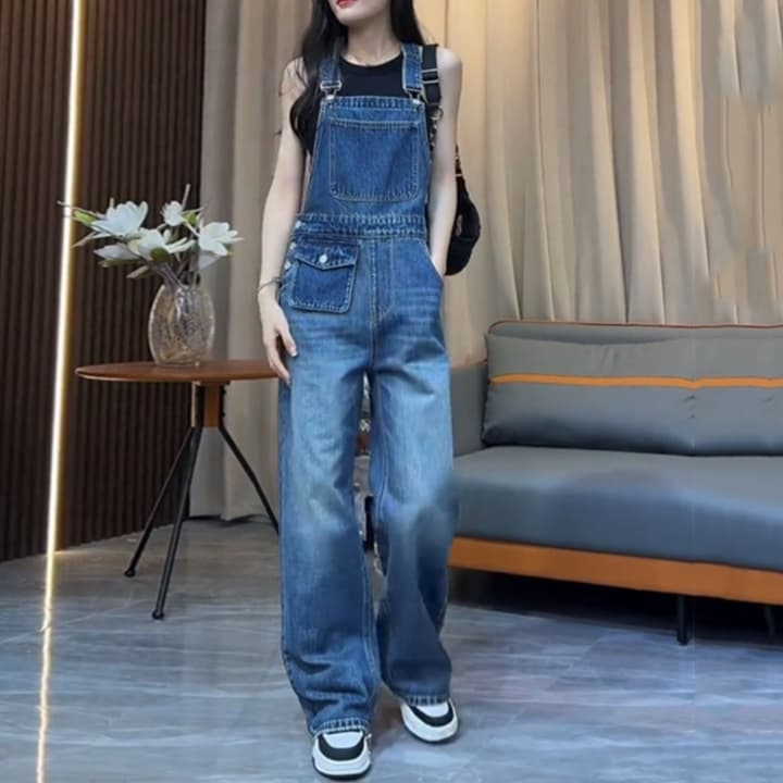 レディースジーンズパンツ ゆったりシルエットデニムサロペット