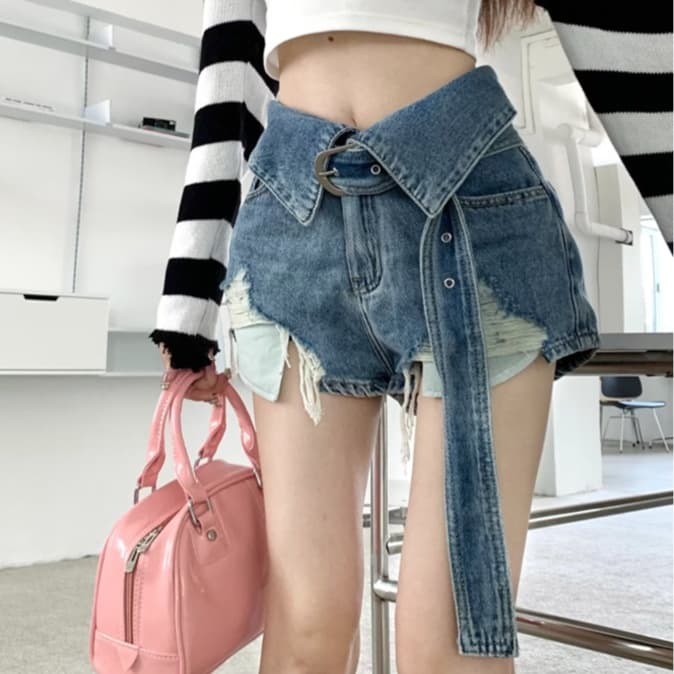 レディースジーンズパンツ ベルトデザイン加工デニムパンツ