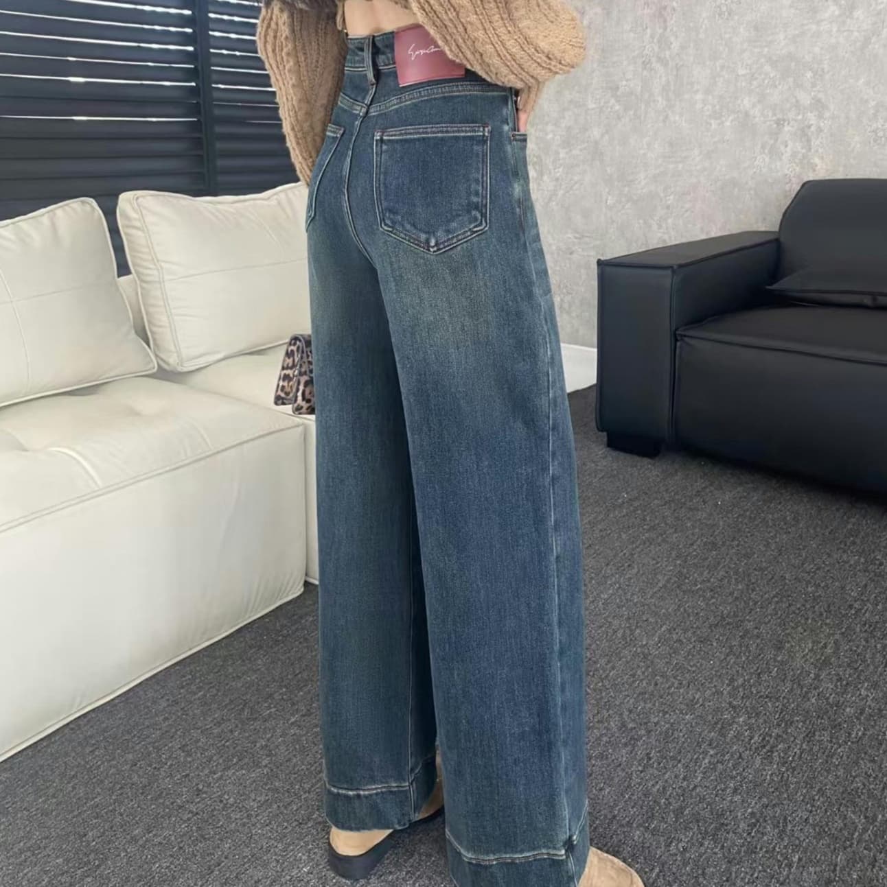 レディースジーンズパンツ ゆったりワイドシルエット デニムパンツ