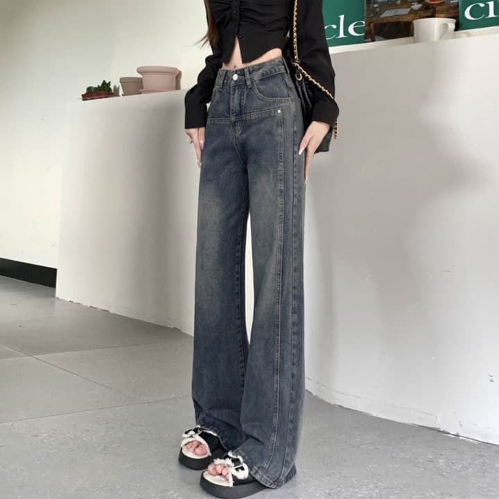 レディースジーンズパンツ レッグラインストレート切替デニム
