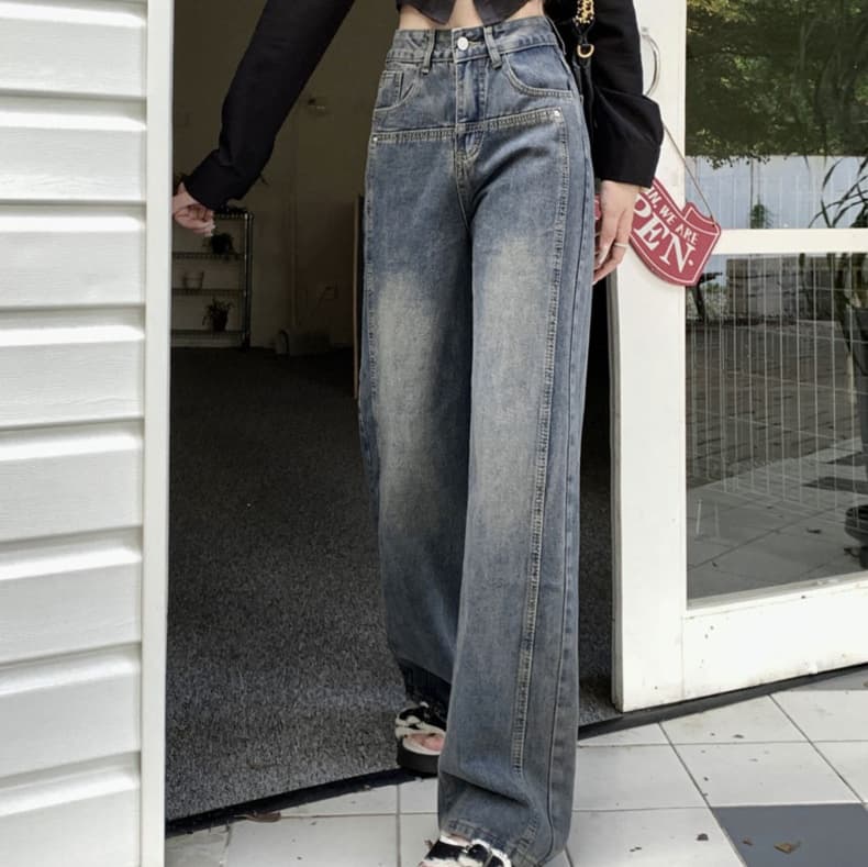レディースジーンズパンツ レッグラインストレート切替デニム