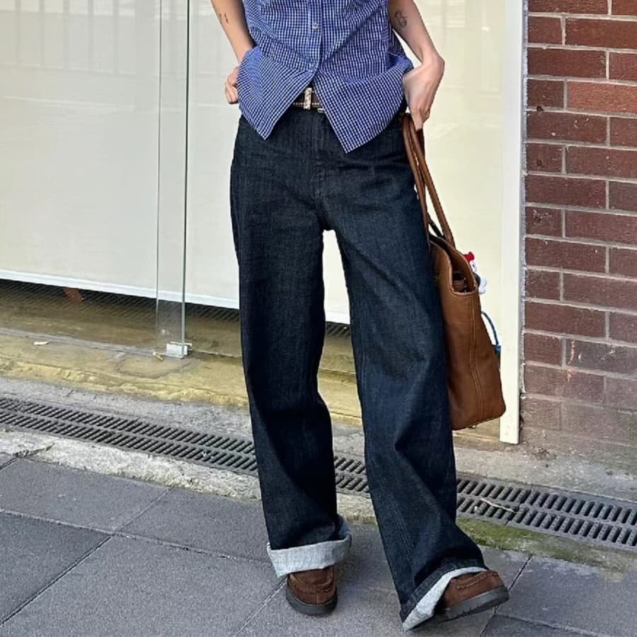 レディースジーンズパンツ すっきりストレートデニムパンツ