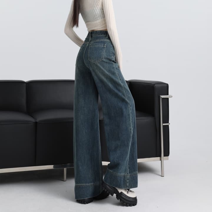 レディースジーンズパンツ デニムハイウエストゆったりパンツ