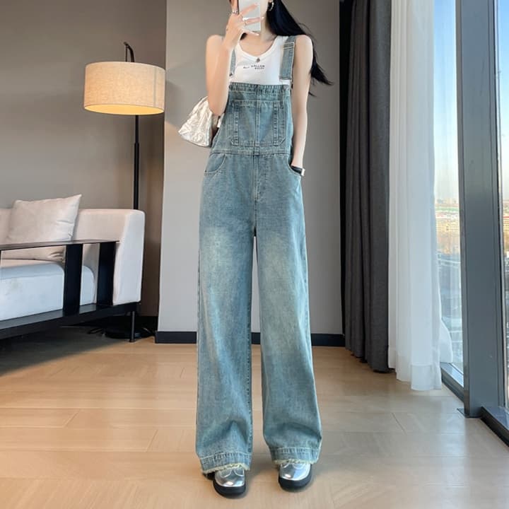 レディースジーンズパンツ ゆったりシルエット デニムサロペット