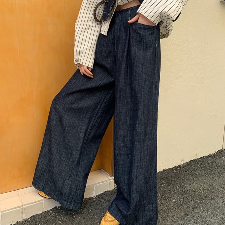 レディースジーンズパンツ ハイウエストワイドデニムパンツ