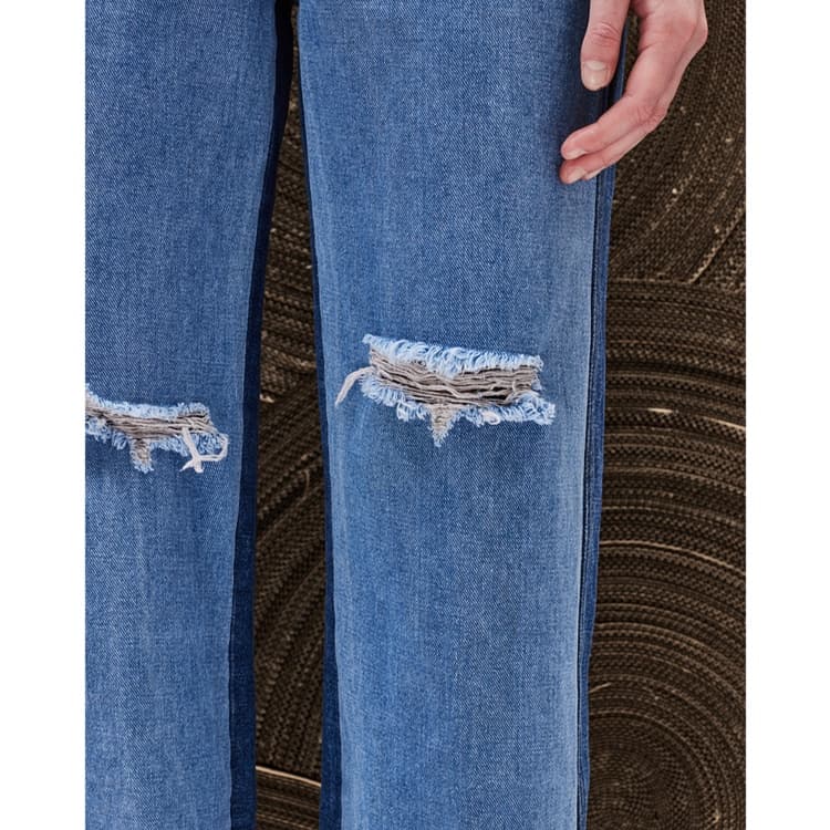 レディースジーンズパンツ ダメージ加工ストレートデニム