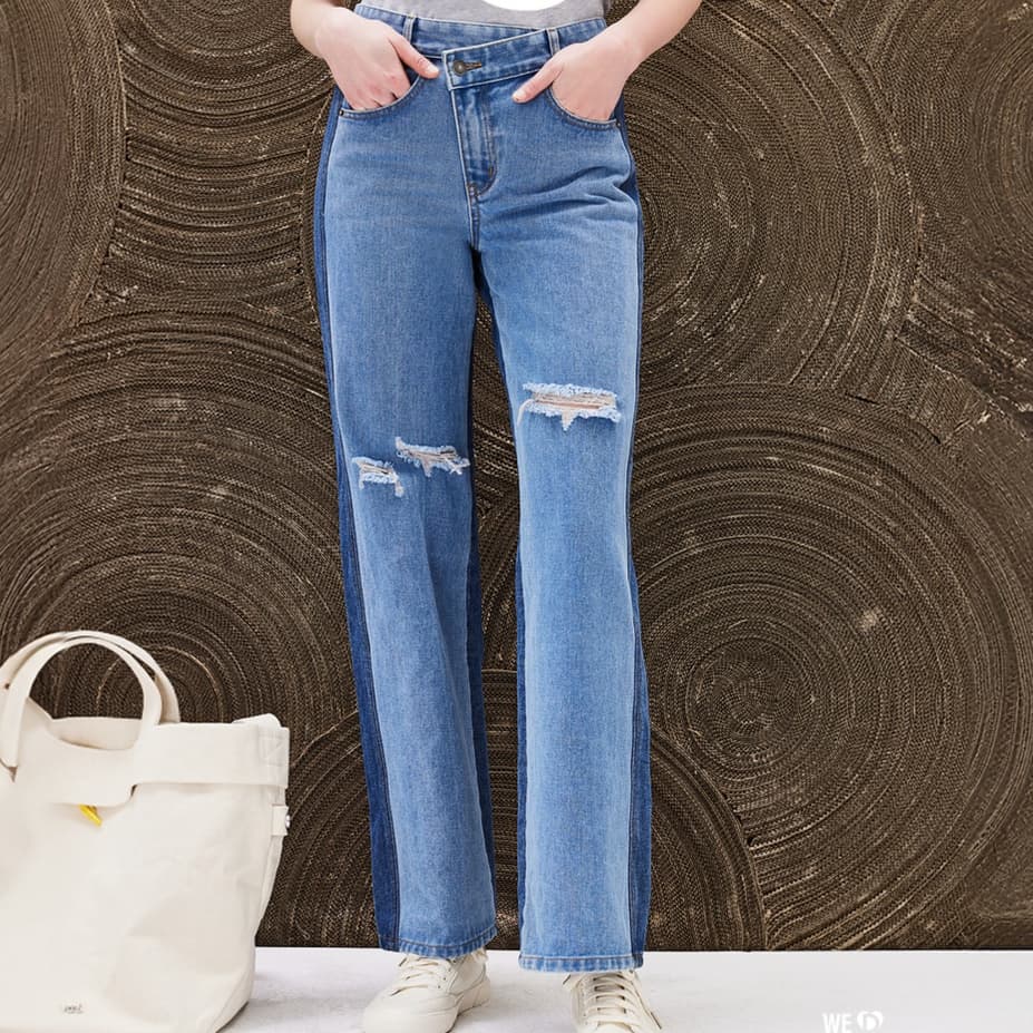 レディースジーンズパンツ ダメージ加工ストレートデニム
