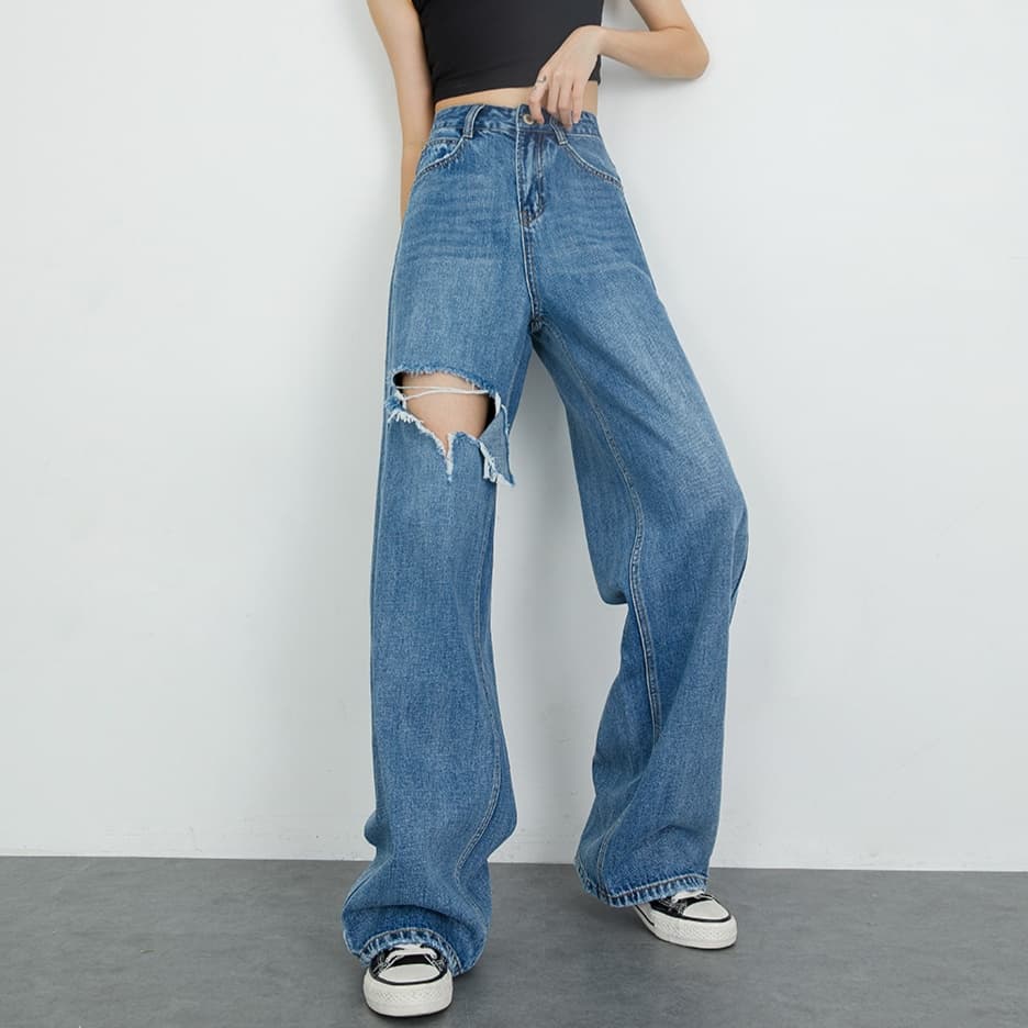 レディースジーンズパンツ ダメージ加工ワイドデニムパンツ