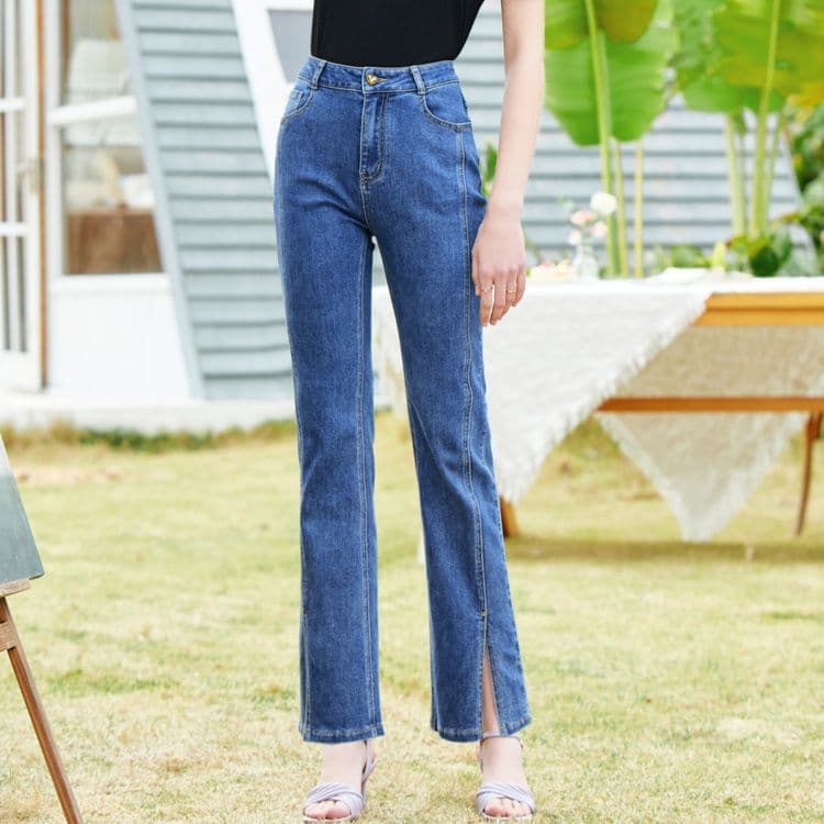 レディース ジーンズ 裾スリット入りハイウエストストレートデニム
