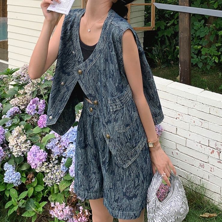 レディース ジーンズ 涼やか波模様ベスト&ショートパンツセット