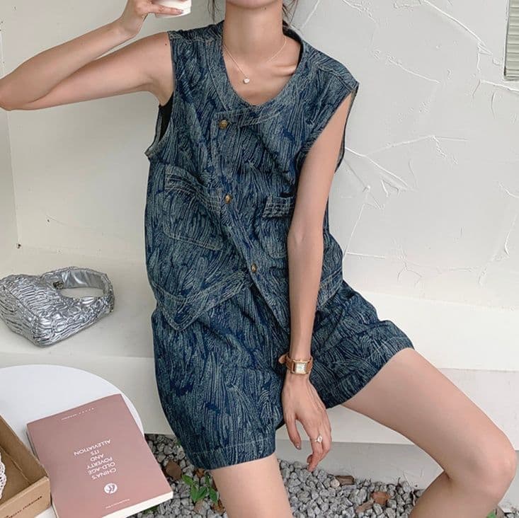 レディース ジーンズ 涼やか波模様ベスト&ショートパンツセット