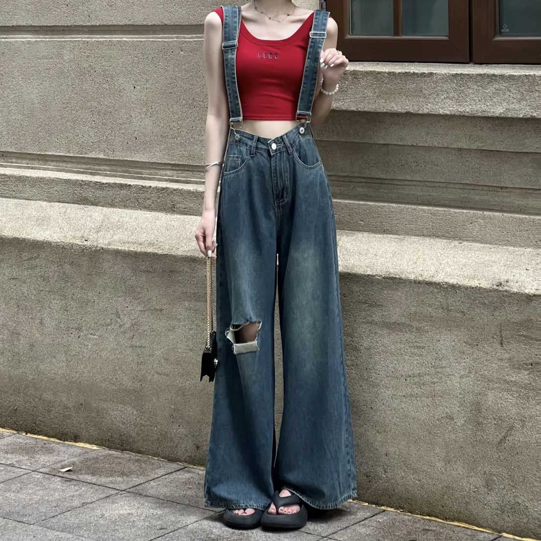 レディースジーンズパンツ ダメージ加工ゆったりデニムサロペット