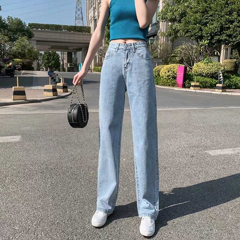 レディースジーンズパンツ ロングシルエット ストレートデニムパンツ