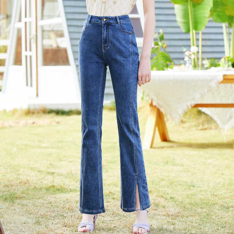 レディース ジーンズ 裾スリット入りハイウエストストレートデニム