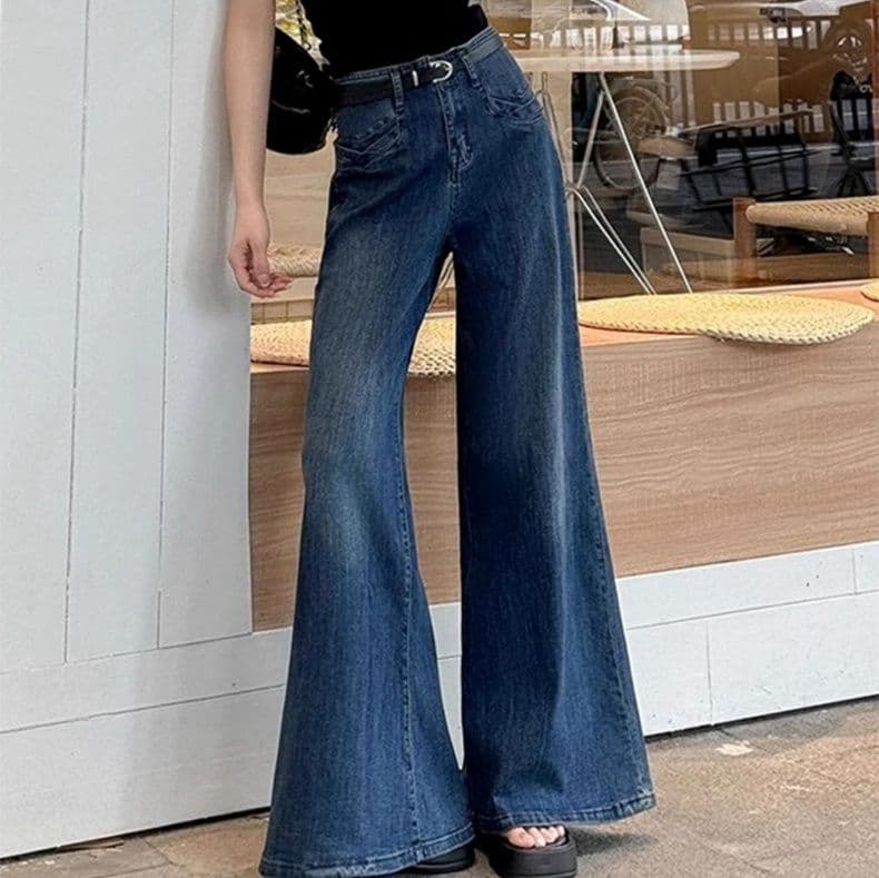 レディース ジーンズ 美脚効果抜群フレアワイドデニムパンツ
