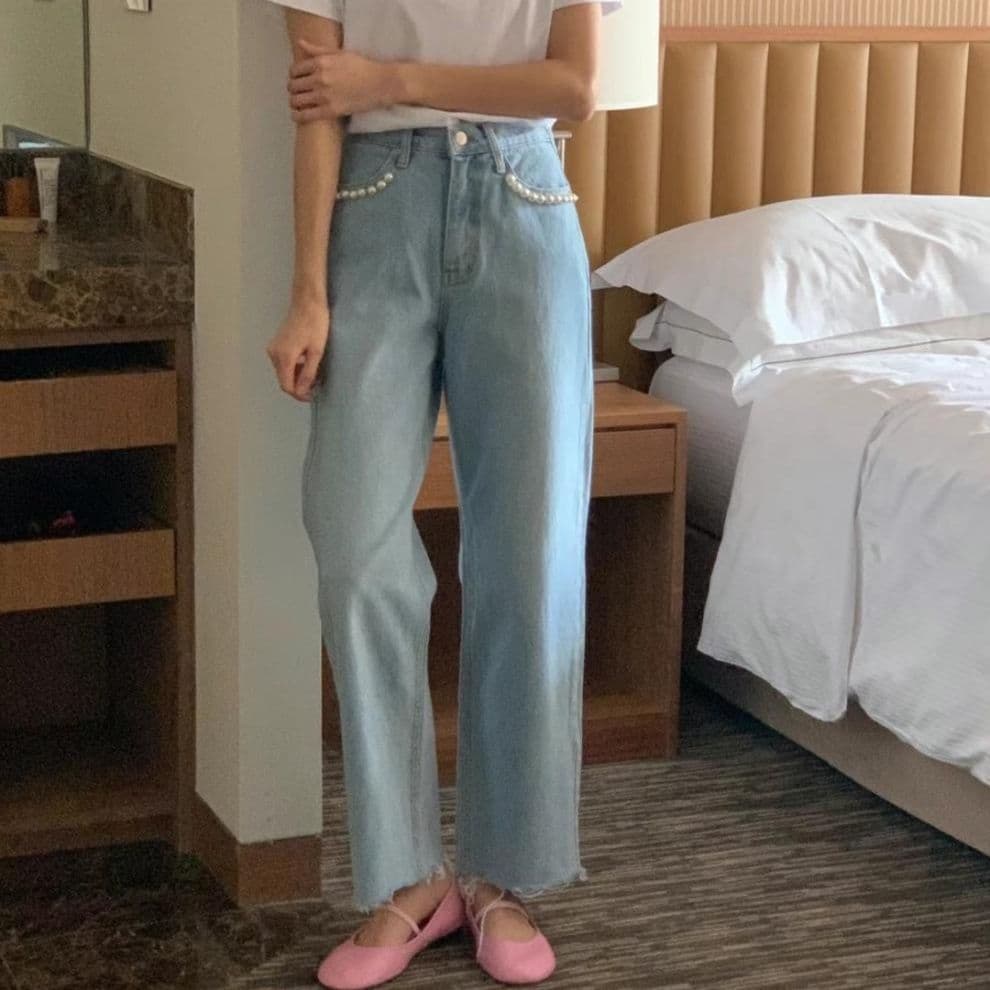 レディース ジーンズ ハイウエストゆったりストレートデニム