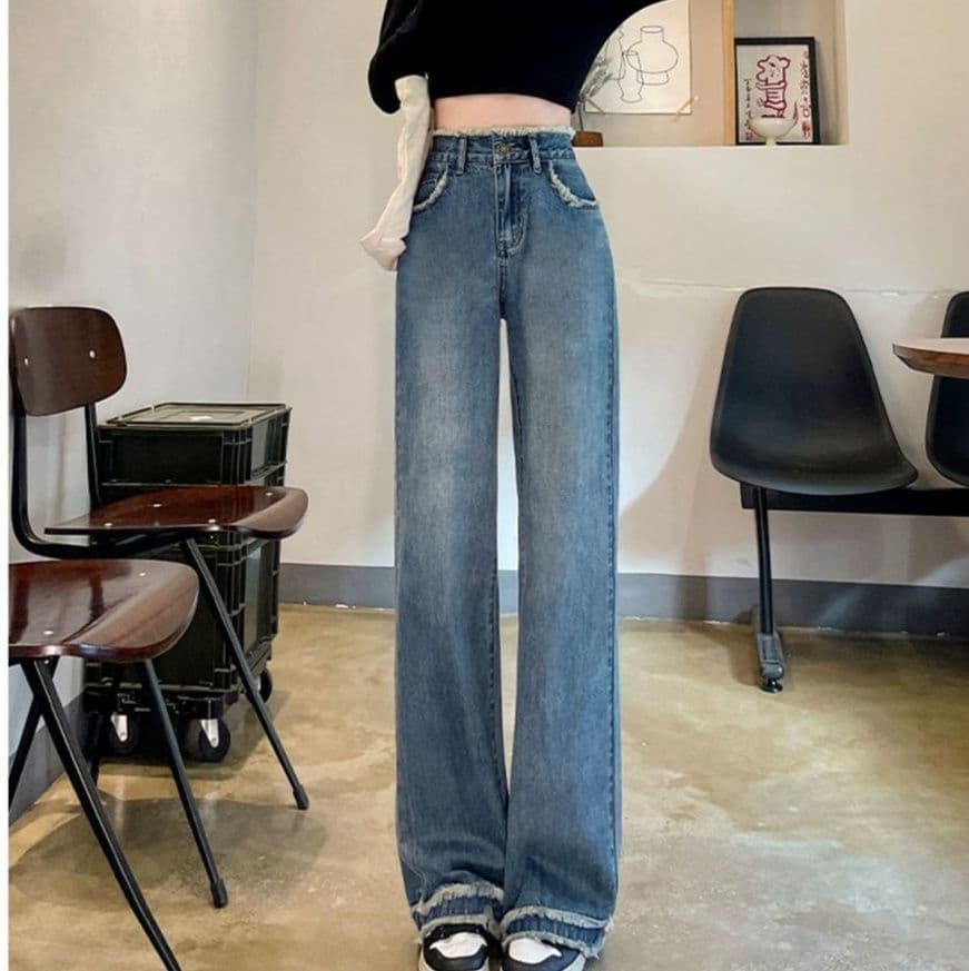 レディース ジーンズ 裾切りっぱなしストレートジーンズ