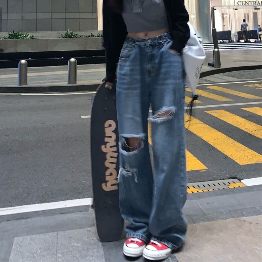 レディース ジーンズ ダメージワイドストレートパンツ