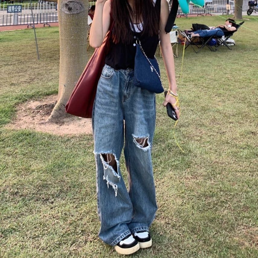 レディース ジーンズ ダメージワイドストレートパンツ