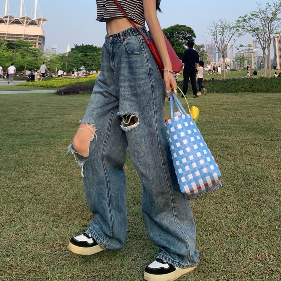 レディース ジーンズ ダメージワイドストレートパンツ