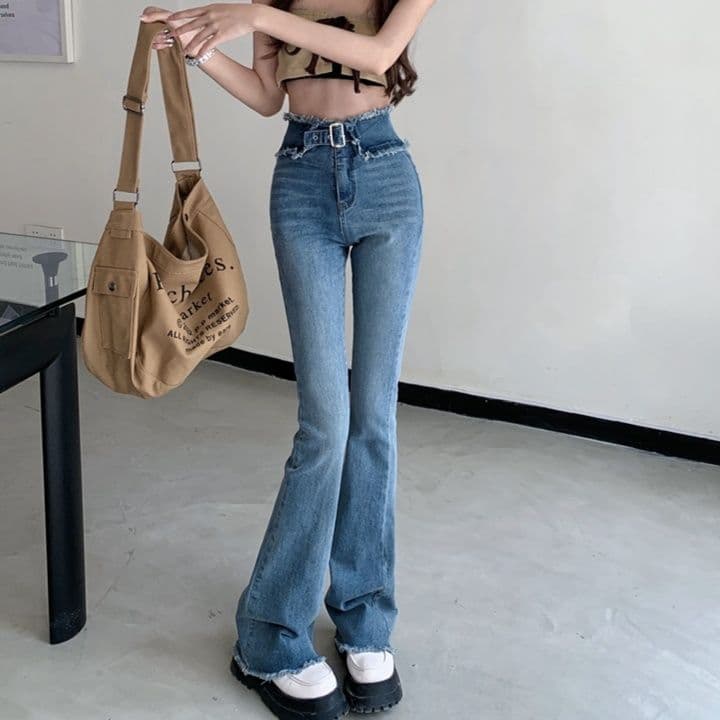 レディース ジーンズ ベルト付きハイウエストフレアデニムパンツ