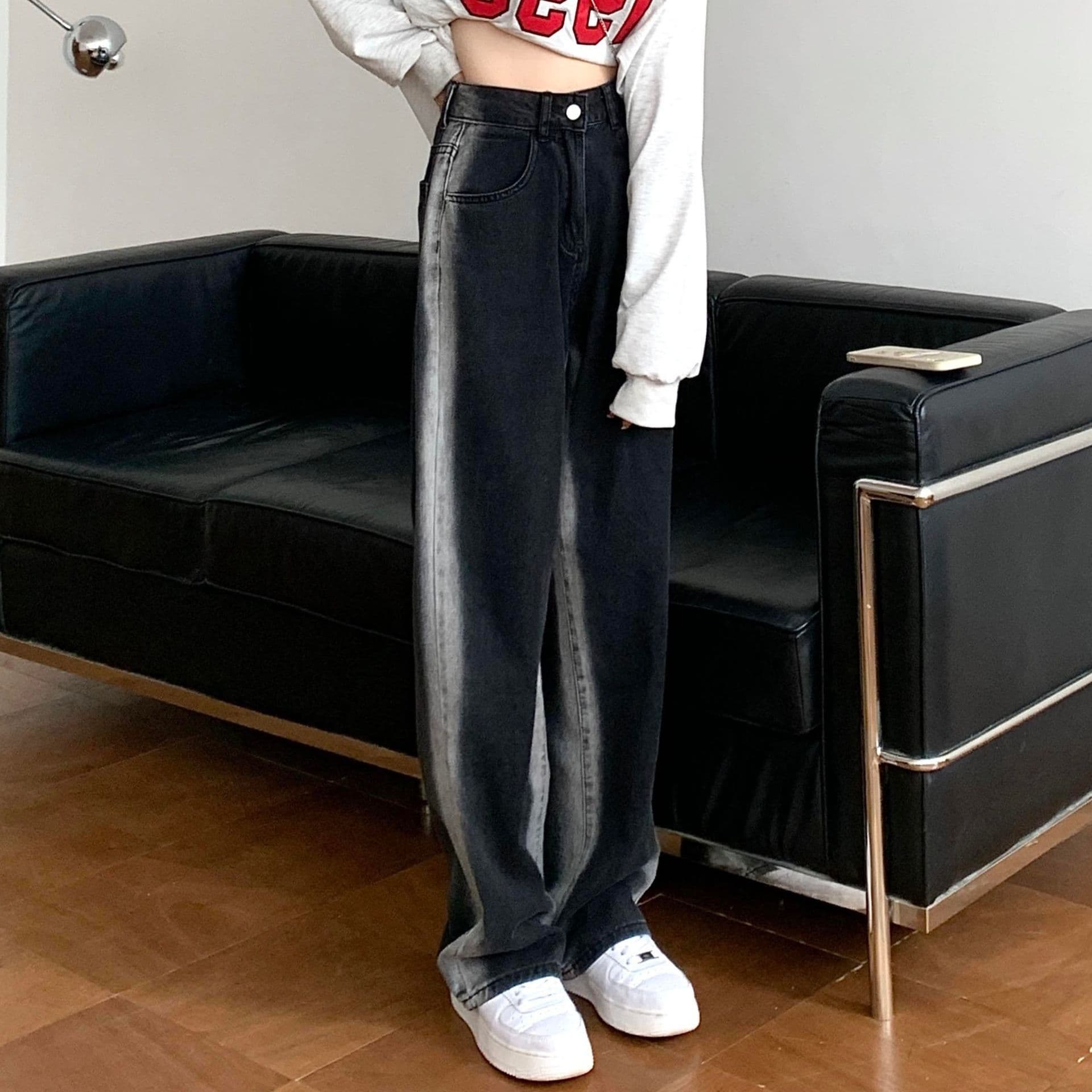 レディース ジーンズ 美脚見えハイウエストストレートデニムパンツ