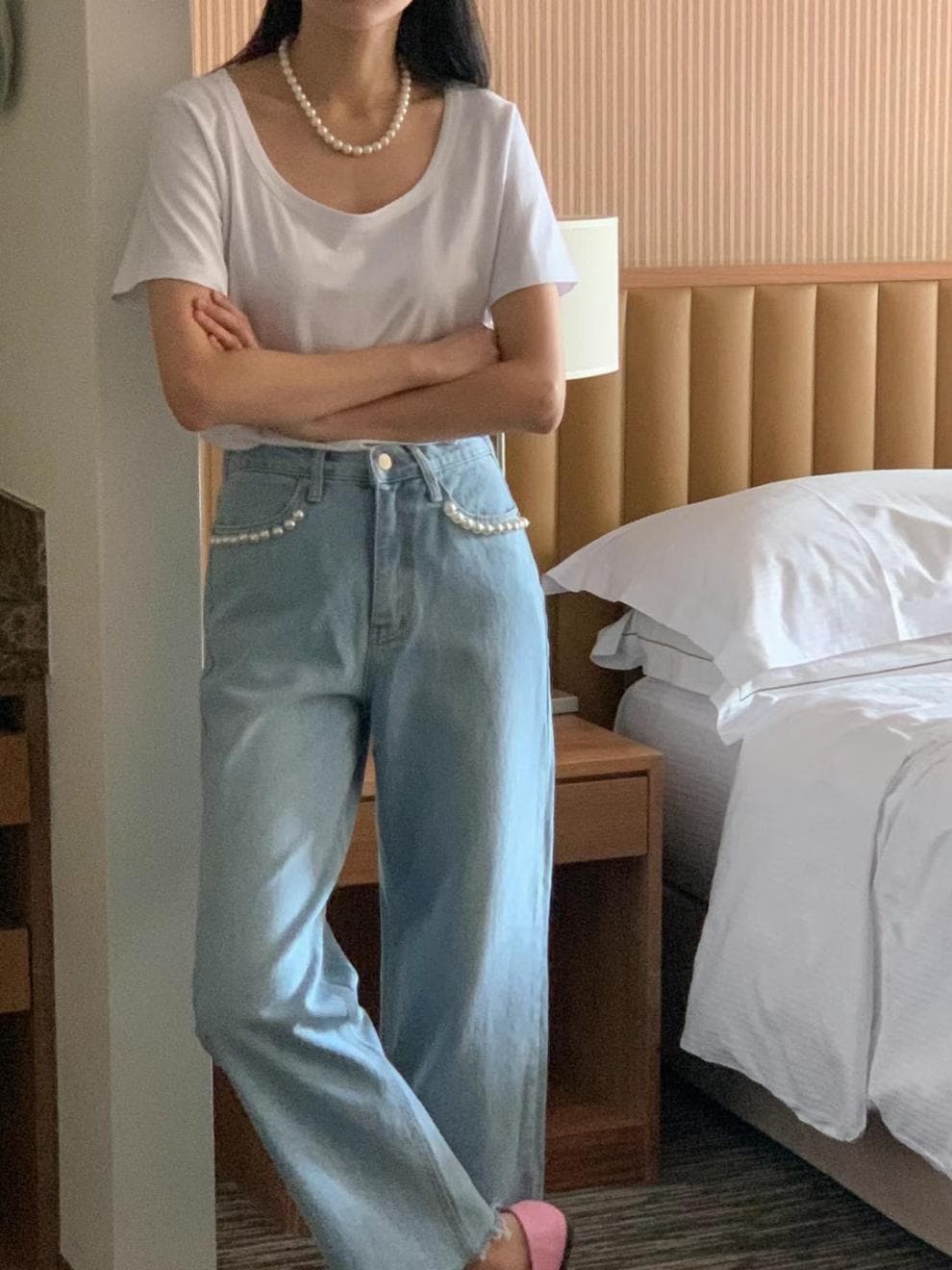 レディース ジーンズ ハイウエストゆったりストレートデニム