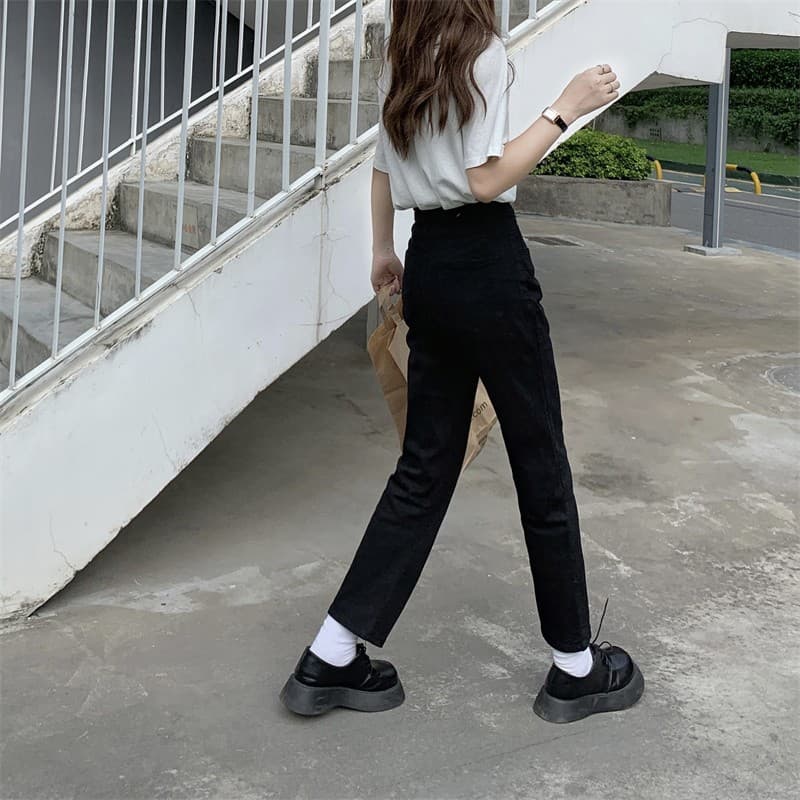 レディース ジーンズ 美脚見せハイウエストストレートデニムパンツ