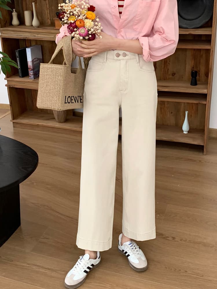 レディースジーンズパンツ フリルポケット付きワイドデニムパンツ