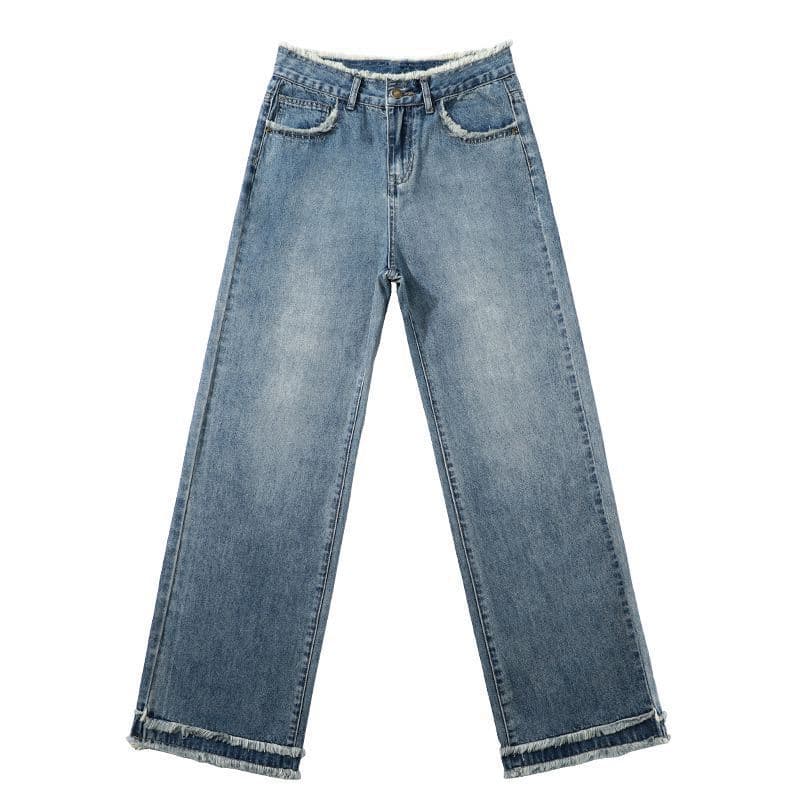 レディース ジーンズ 裾切りっぱなしストレートジーンズ
