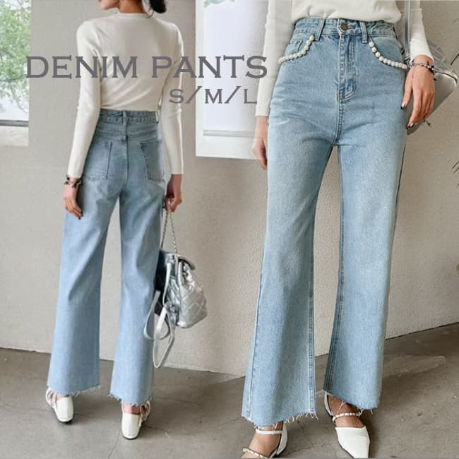 レディース ジーンズ ハイウエストゆったりストレートデニム