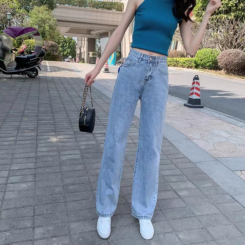 レディースジーンズパンツ ロングシルエット ストレートデニムパンツ