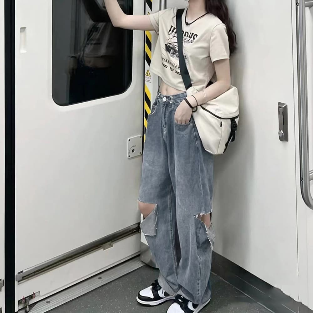 レディース ジーンズ ハイウエスト ダメージデニム ワイドパンツ 春夏秋