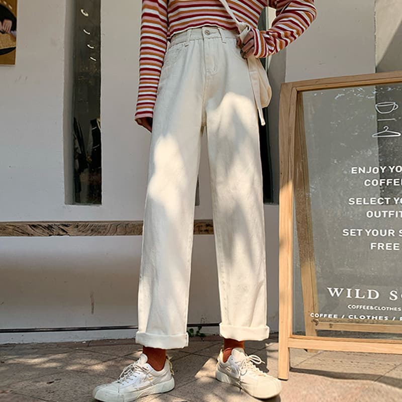 レディース ジーンズ ハイウエストストレートデニムパンツ