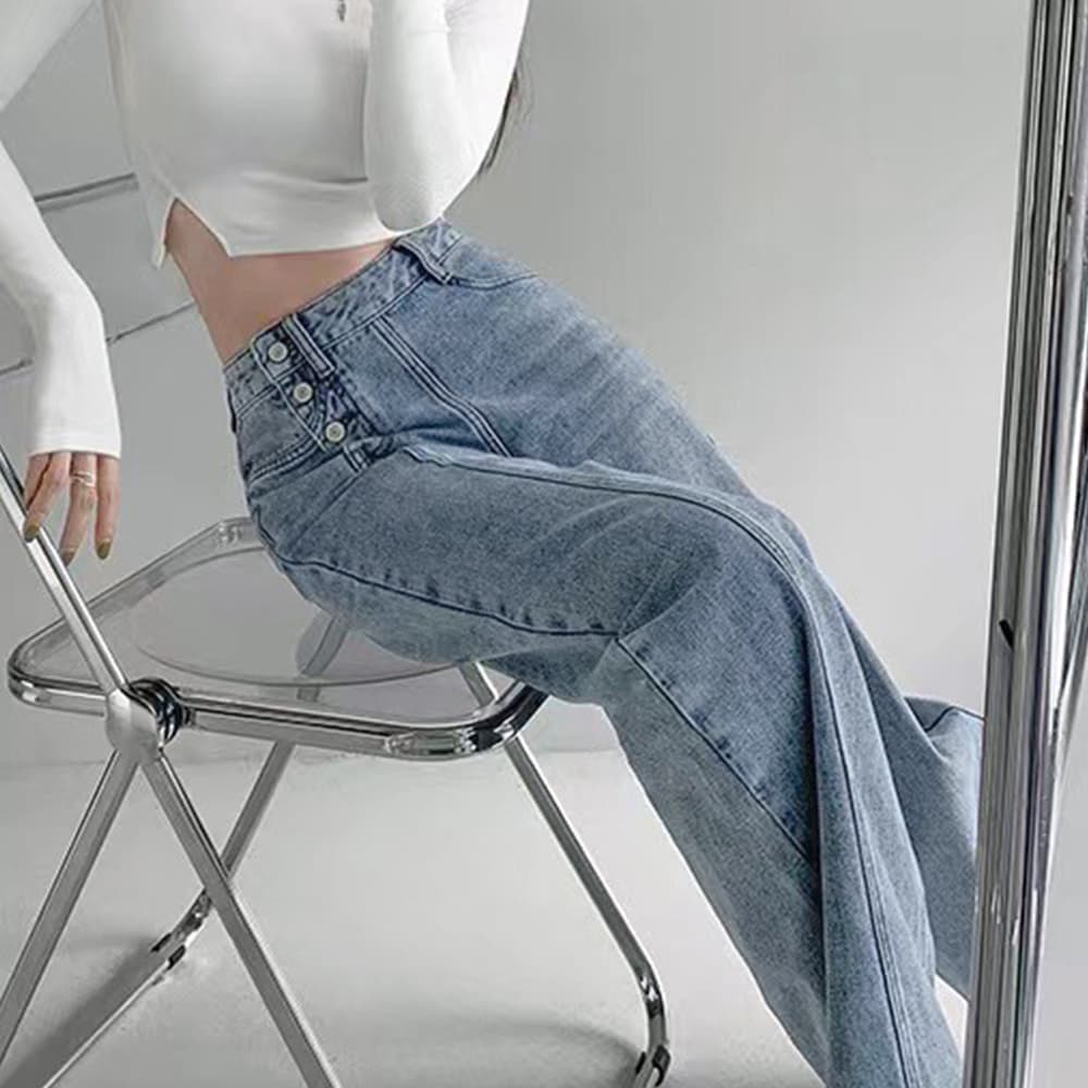 レディース ジーンズ ハイウエスト 美脚ストレートデニム 四連ボタン