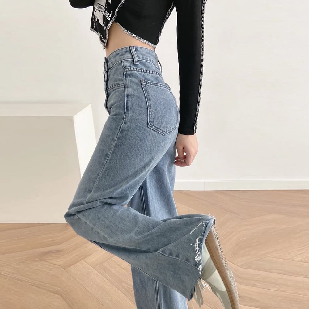 レディース ジーンズ ハイウエスト 美脚ストレートデニム 四連ボタン